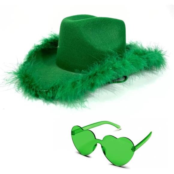 Novelty Cowboy Hat with feathers With Heart Shaped Sunglasses for Women, Cowgirl - Picture 1 of 5